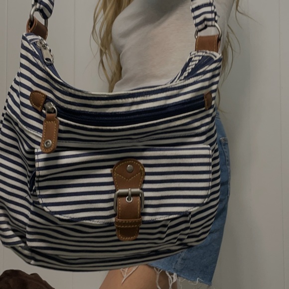 Crossbody Shoulder Bag Sailer Stripe Leather Buckles - Picture 3 of 6